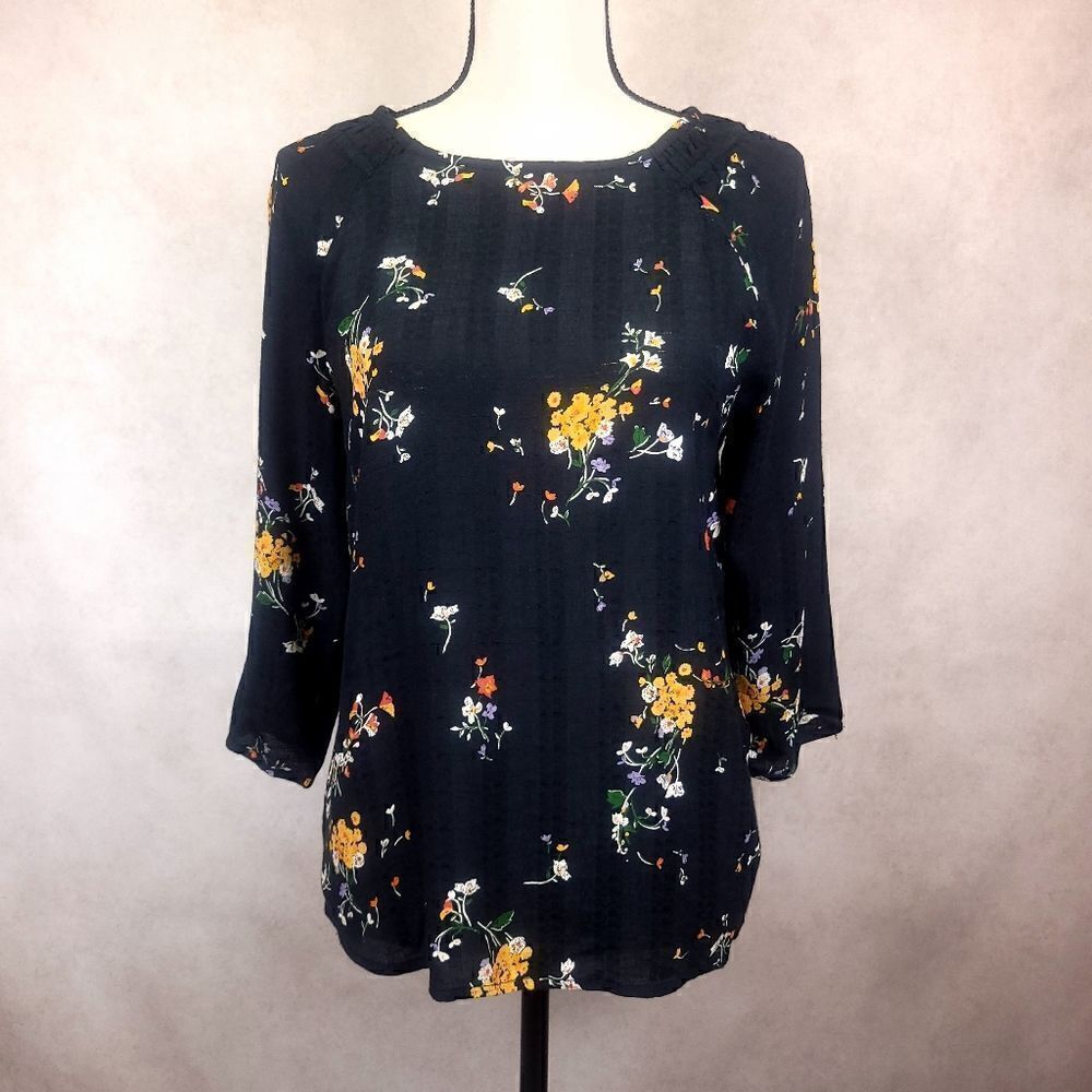 Fat Face UK Black Floral 3/4 Sleeve Blouse Sara Windswept Posy Size US 4